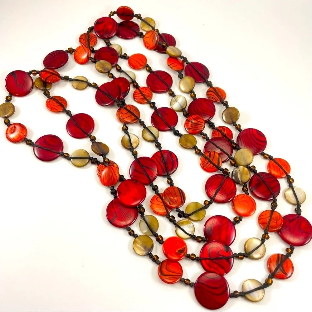 Red Mother of Pearl Disc Knotted Corded Boho Necklace Statement Long